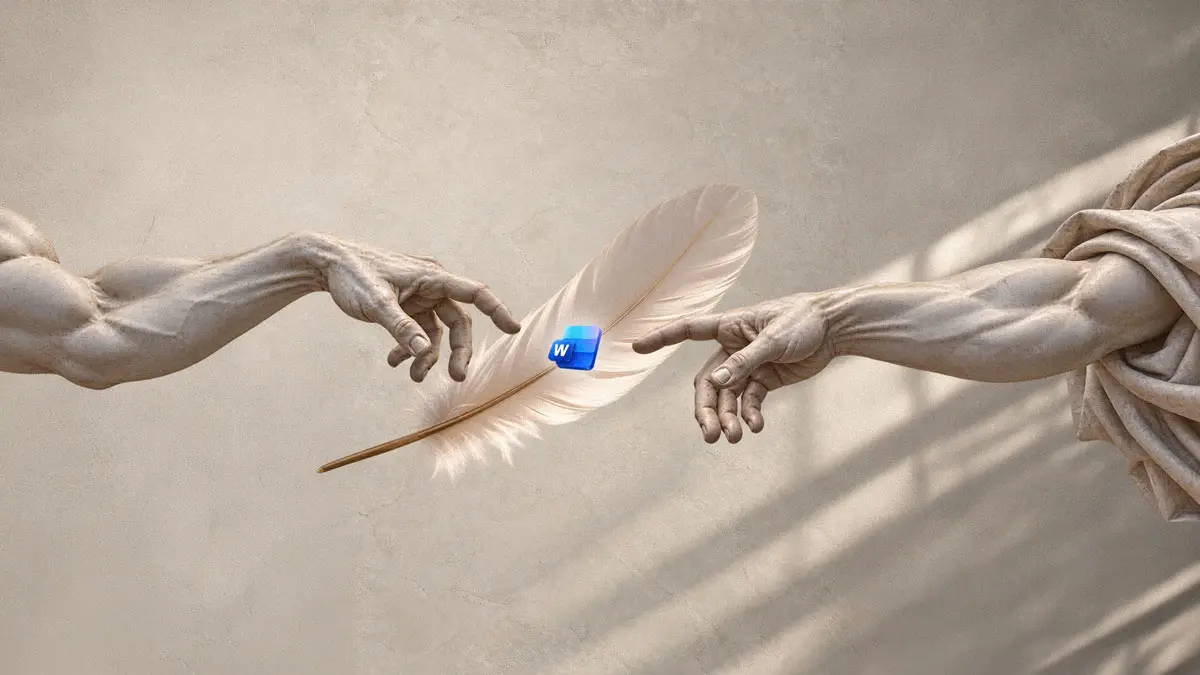 Illustration of two hands reaching toward a quill pen